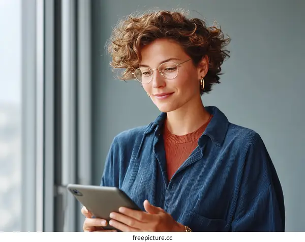 Focused Woman Using Tablet in Modern Office Setting
