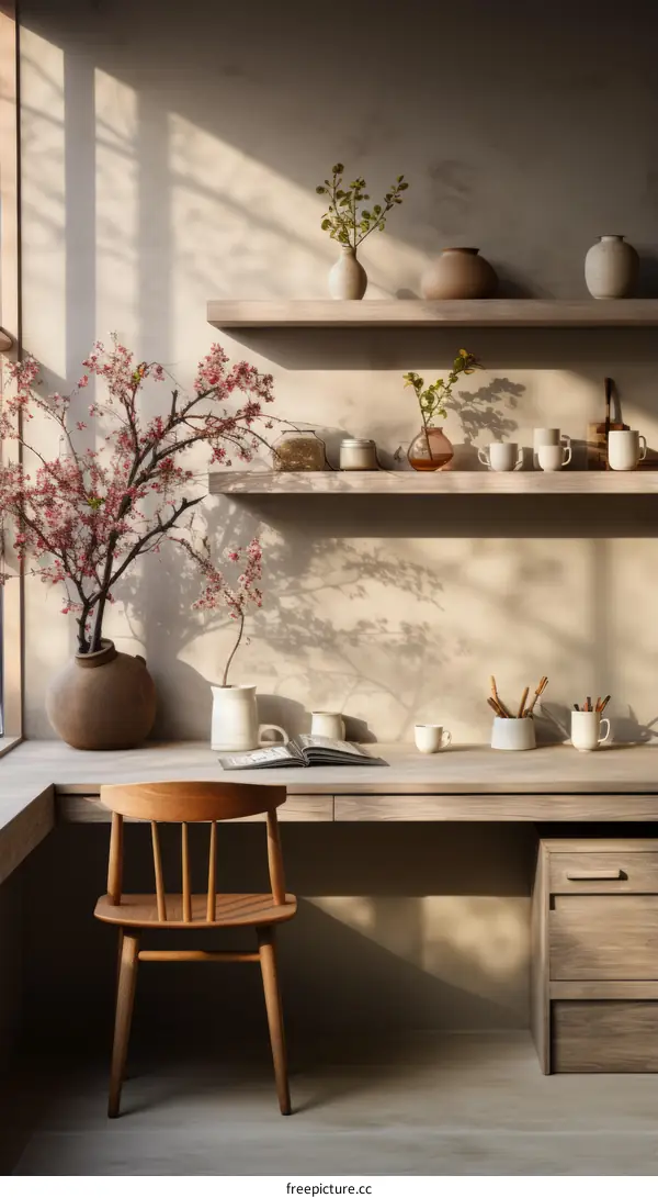 A wooden desk and chair in a room with a large window and shelves on the wall