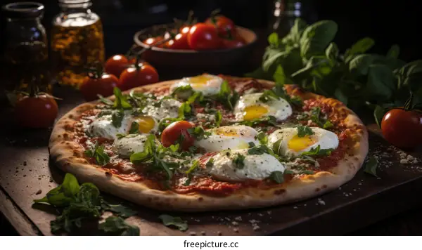 Pizza with eggs and tomatoes