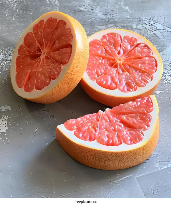 Three Slices of Grapefruit on a Gray Background