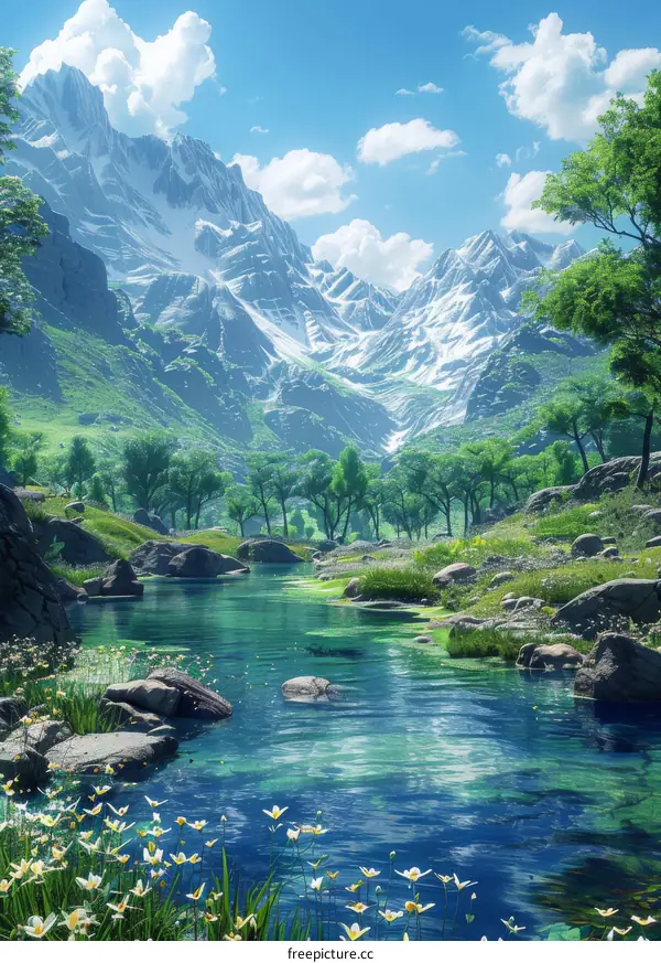 Serene Mountain Landscape with River and Wildflowers
