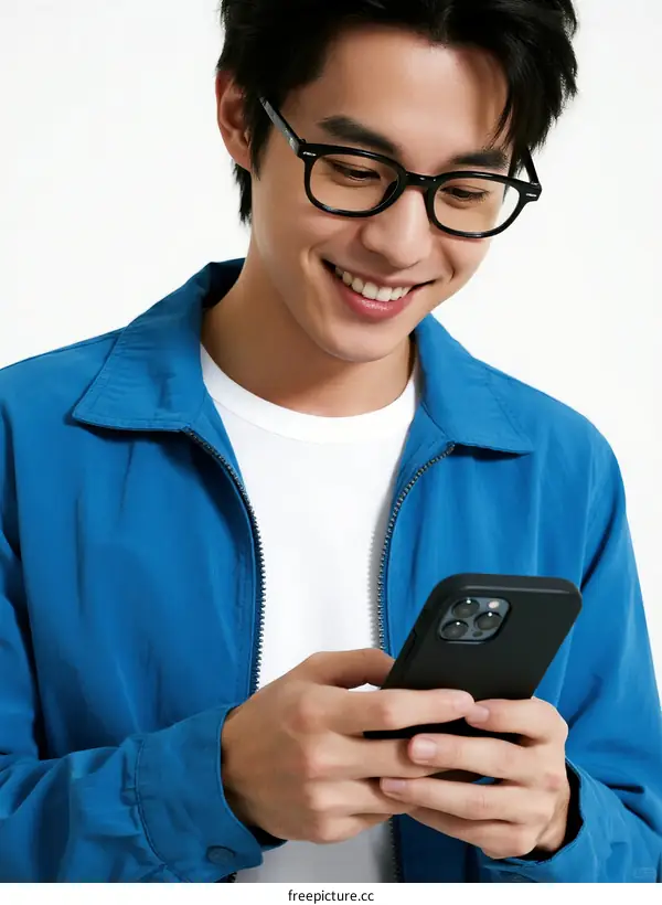Young man wearing glasses looking at his smartphone