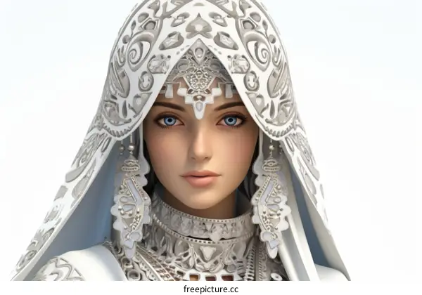 A woman in a white headdress with blue eyes