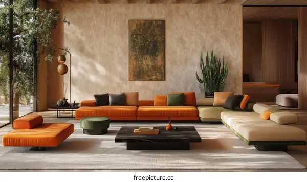 Modern Living Room with Orange Sofa