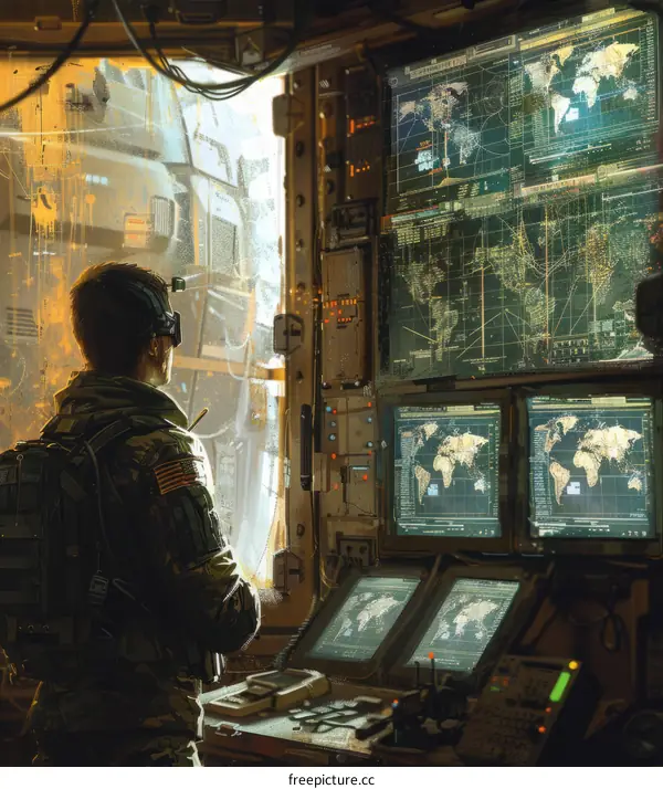 Soldier in a futuristic control room looking at a window