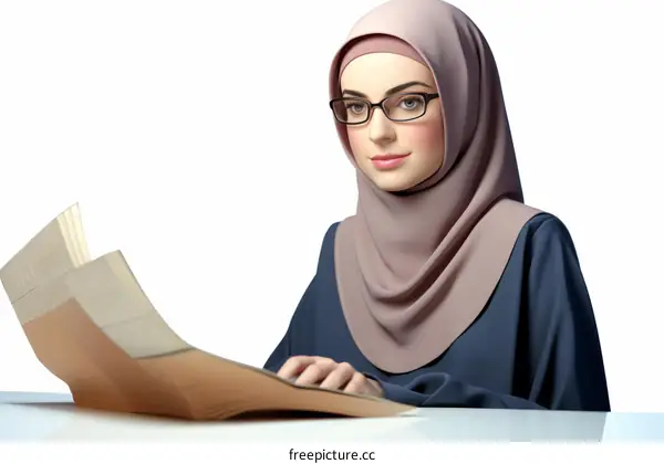 A young woman wearing a hijab is reading a book