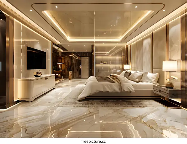 A bedroom with golden marble floor and walls