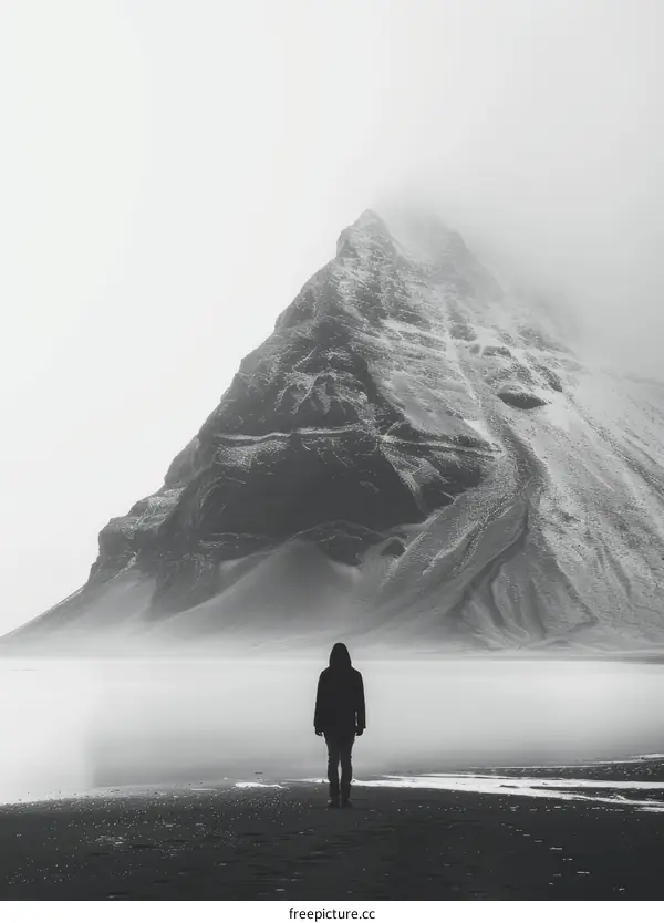 Black and white photo of a person standing alone on a beach in front of a large mountain