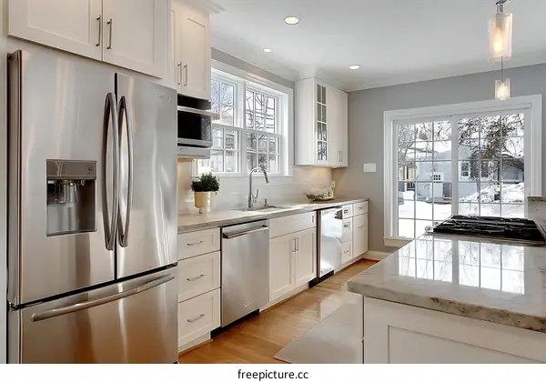 Modern White Kitchen with Stainless Steel Appliances and Granite Countertop