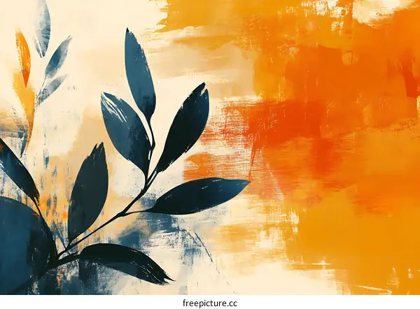 Abstract Art with Blue Leaves and Orange Background