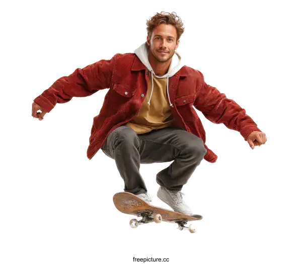 [Transparent Background PNG]Stylish Man Skateboarding in Mid-Air