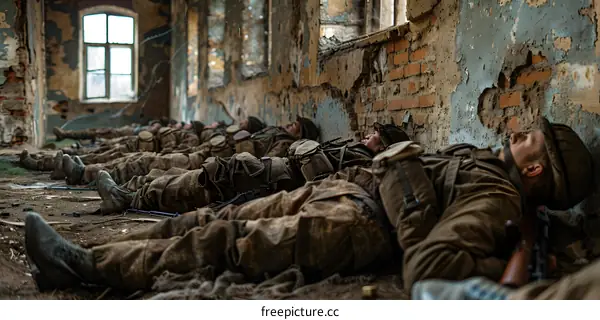 Exhausted soldiers sleeping in a destroyed building