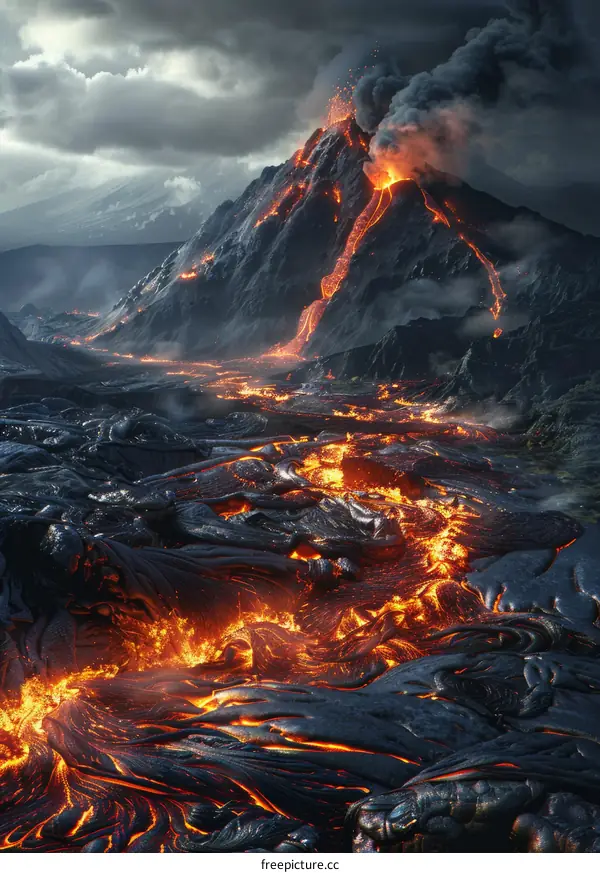 Lava Flowing Down a Mountainside During a Volcanic Eruption