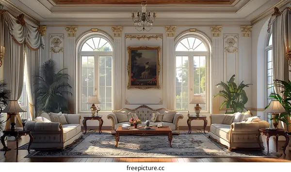 Ornate living room with large windows and a painting