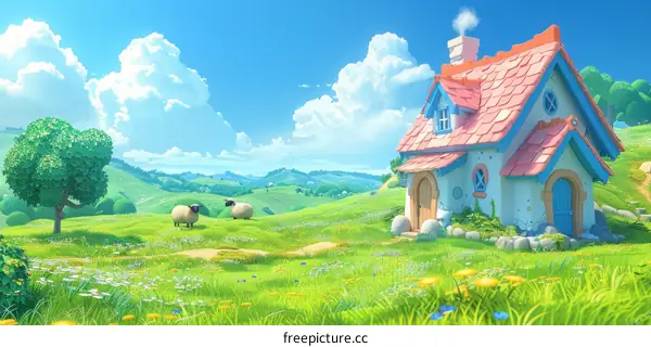 A small cottage in a green field with two sheep and a tree