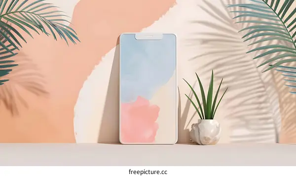 Minimalist Smartphone Mockup with Abstract Watercolor Background and Palm Leaves