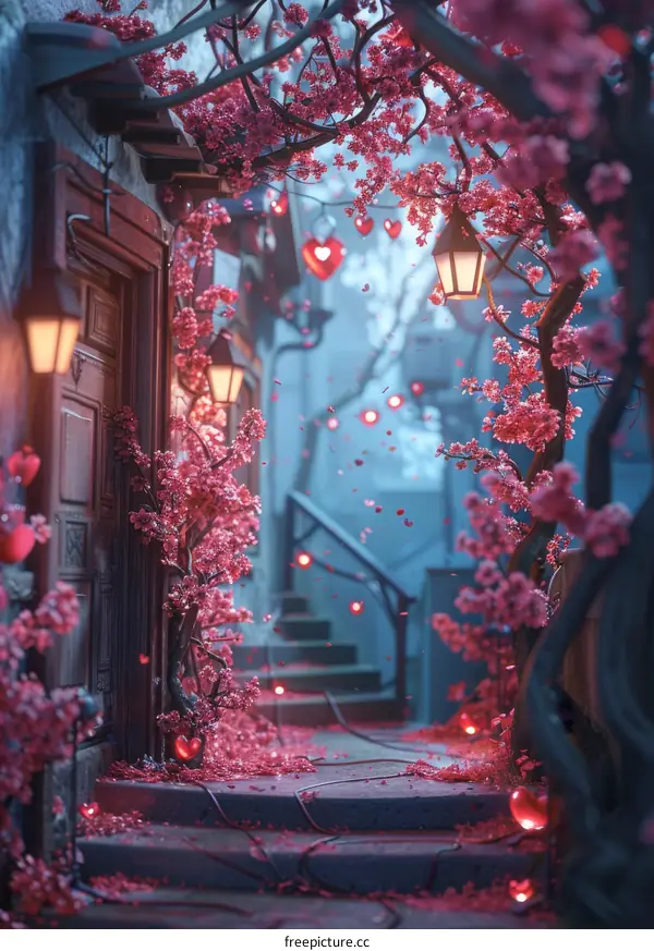 Romantic Street with Pink Sakura Petals