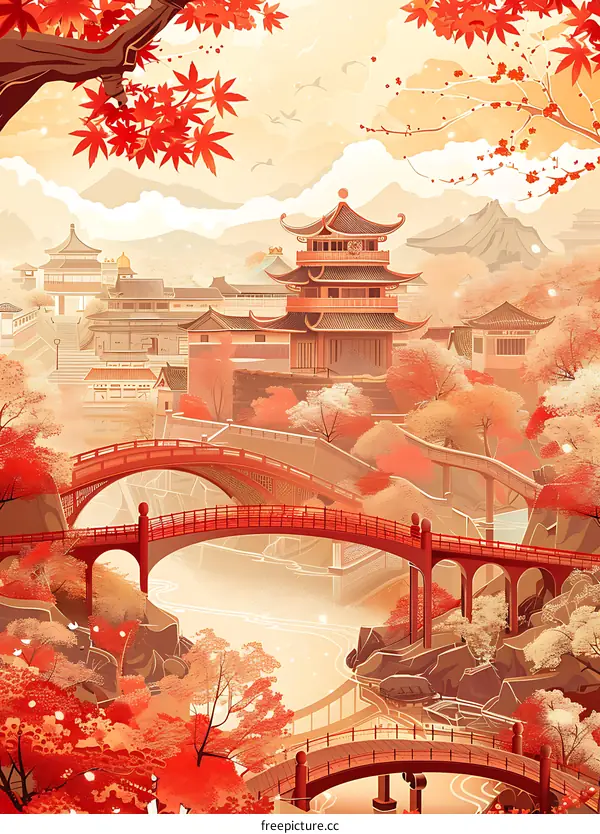 Beautiful Chinese Landscape Painting with Red Bridges and Mountains