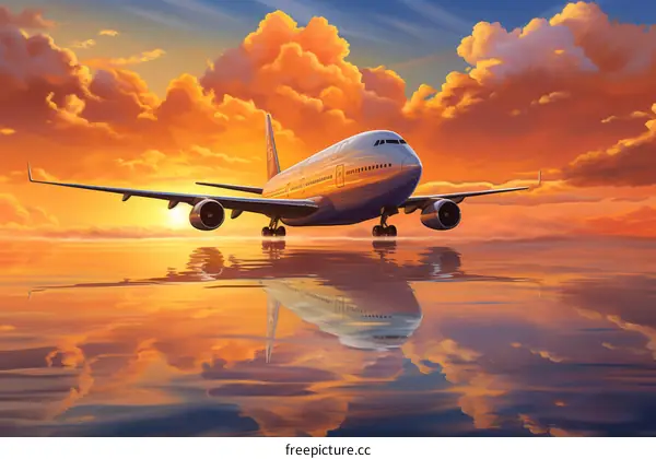 airplane flying over the ocean at sunset