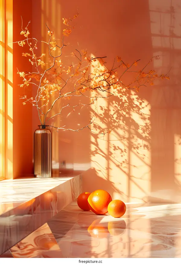 Still life photography of oranges and a vase with orange branches
