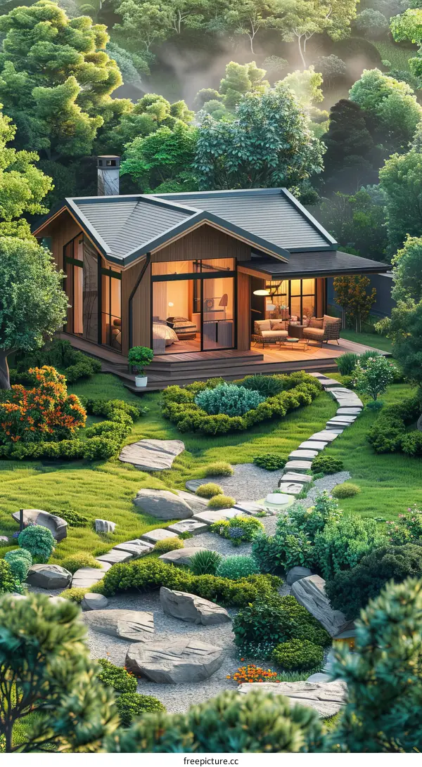 Small house surrounded by greenery in a peaceful forest