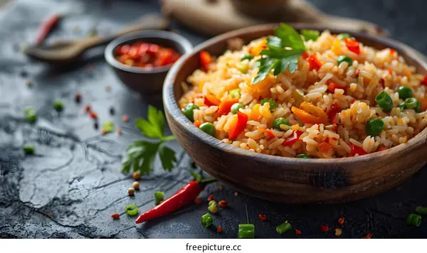 fried rice with vegetables in a wooden bowl