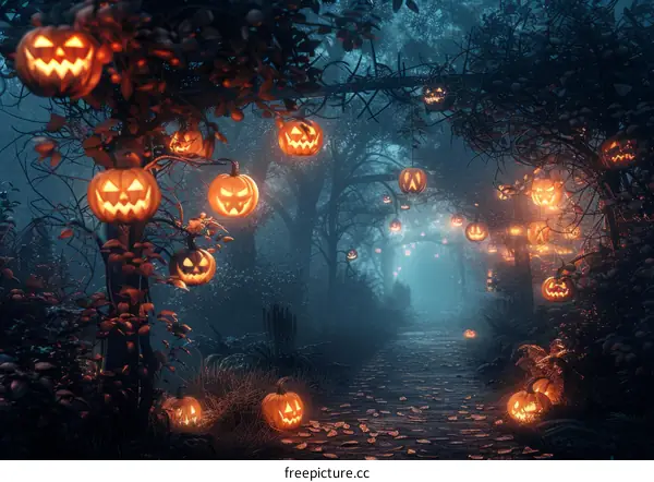 Mystical path illuminated by carved pumpkins in a spooky forest