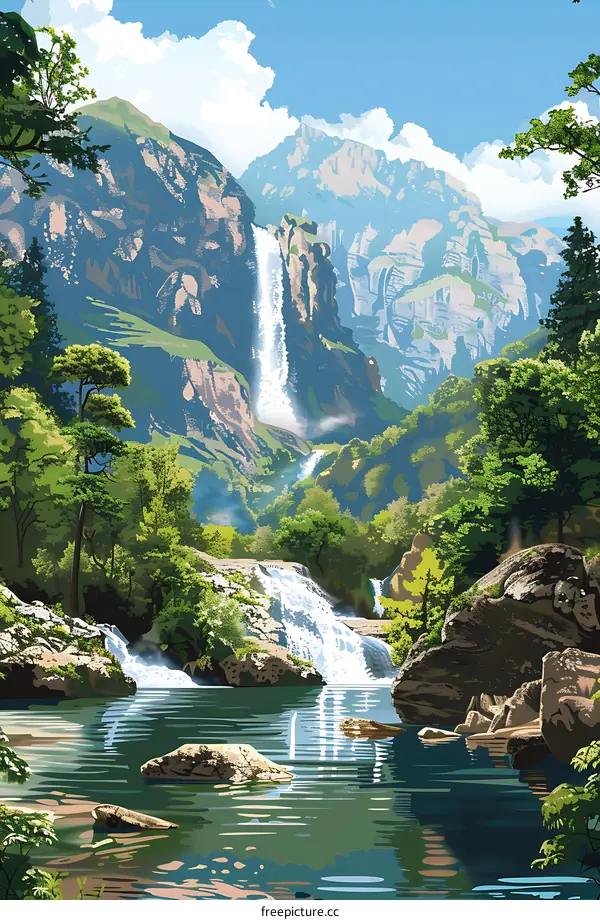 Waterfall Landscape Painting With Green Trees And Mountains