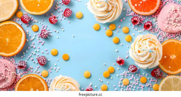 Blue Background With Orange Slices, Meringue Cookies and Sprinkles