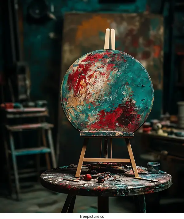 Abstract Painting On Easel In Artistic Studio