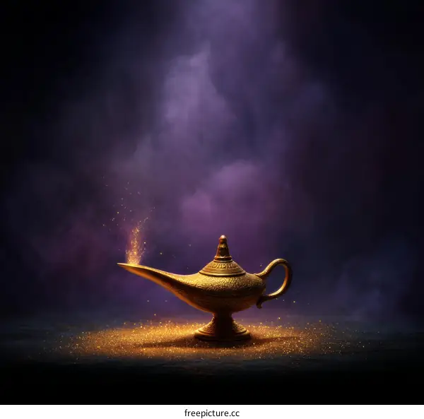Golden Magic Lamp in a Dark Setting