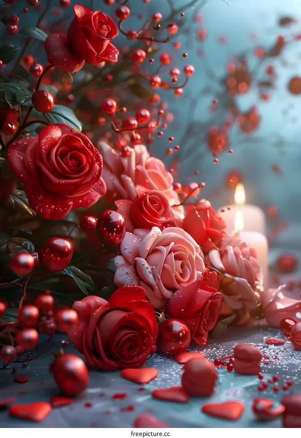 A bouquet of red roses and a candle