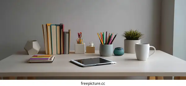 Organized Workspace with Books, Stationery, and Digital Device