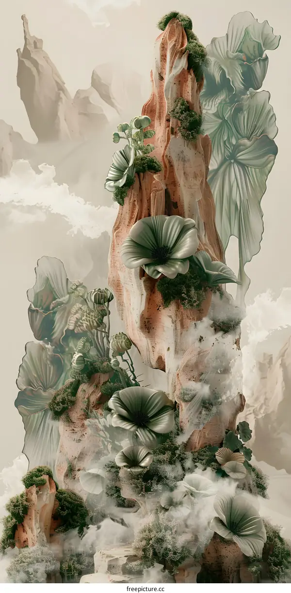 Abstract Surreal Landscape with Lush Green Flowers and Foggy Mountain