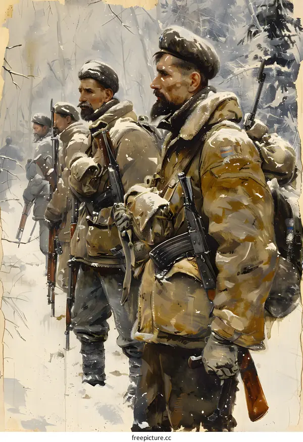 Soviet Soldiers in Winter Forest Painting