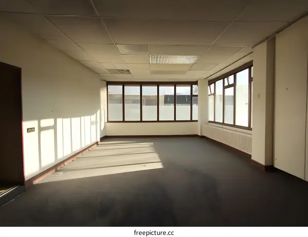 Empty Office Room with Sunlight Streaming Through Windows