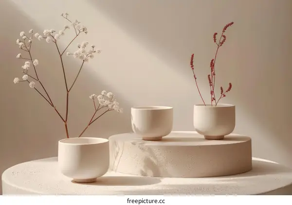 Three white ceramic cups with flowers on a podium against a beige background