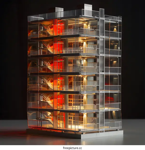 Glass Building Model with Illuminated Interior