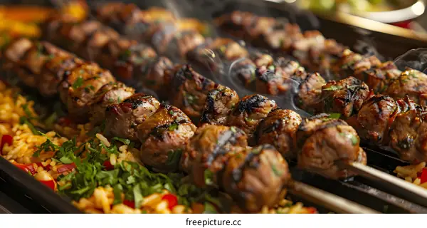 Grilled meat skewers with rice and vegetables