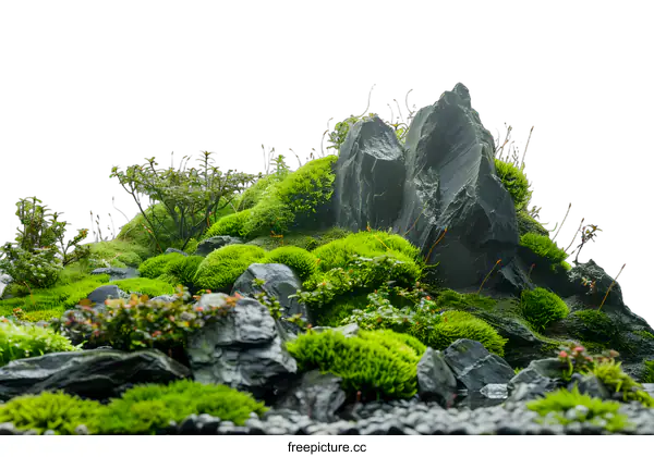 [Transparent Background PNG]Green Moss and Rock Terrarium Landscape