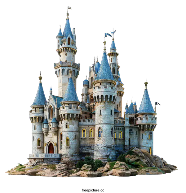 [Transparent Background PNG]A realistic rendering of a fairytale castle with blue and grey towers and a large red door.