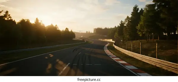 Sunlit racing track with trees on both sides during sunset