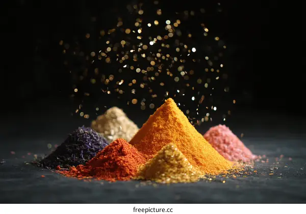 Colorful Spice Powders Display Against Dark Background