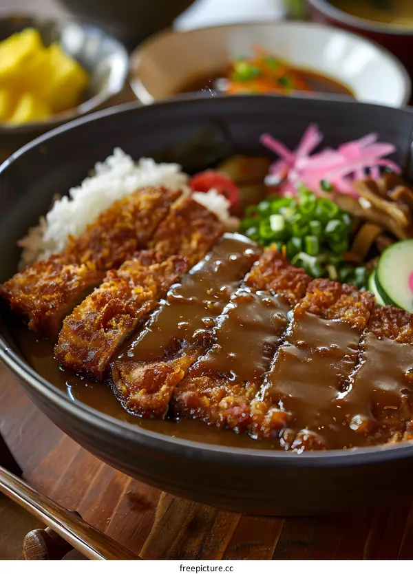 A plate of curry with a pork cutlet and rice