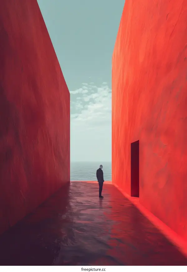 A man standing alone in a surreal red hallway