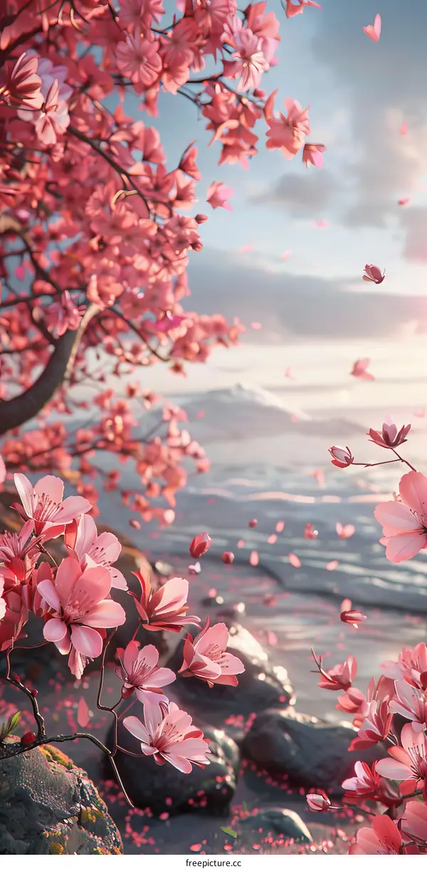 Beautiful Pink Cherry Blossom Beach Scene Illustration