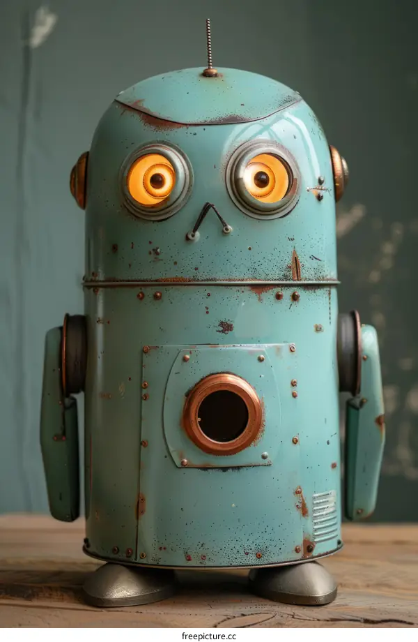 Retro Turquoise Robot with Yellow Eyes