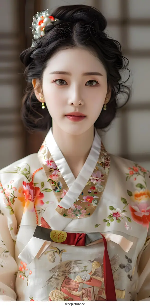 Beautiful Asian Woman in Traditional Korean Hanbok Dress