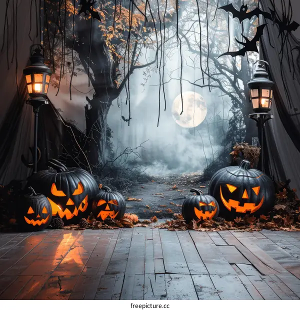 Spooky Halloween night background with pumpkins and a haunted house