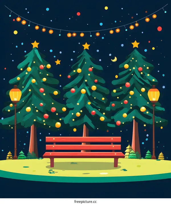 Christmas Eve Park Bench Under Decorated Trees